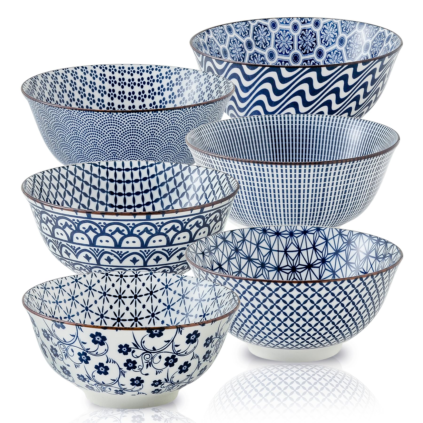 Photo 1 of YELLOYA Japanese 10 oz Cereal Bowl Set of 6, 4.6 Inch Ceramic Soup Blue and White Floral Design Small Bowls for Kitchen, Dishwasher & Microwave Oven Safe- for Cereal, Soup & Salad