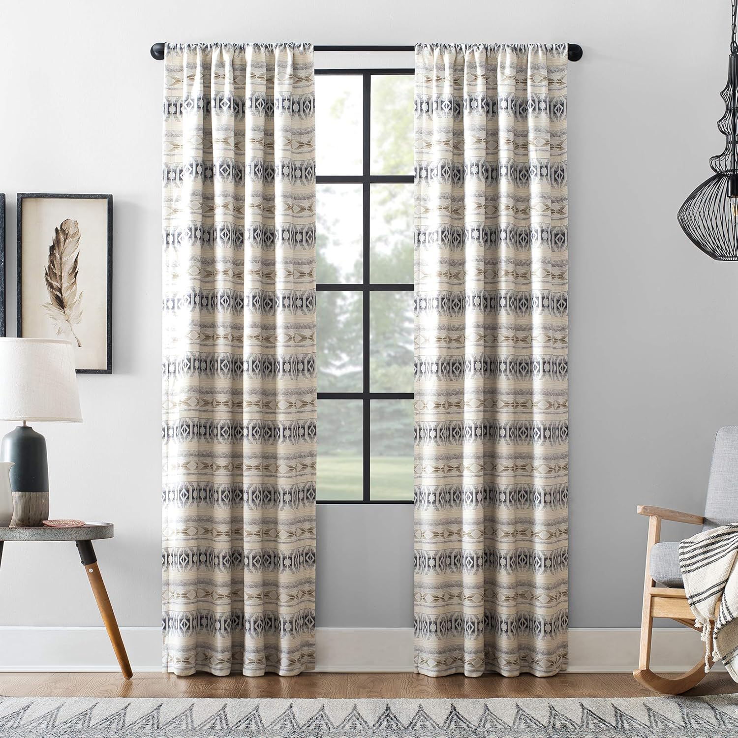 Amazon Com Archaeo Ikat Stripe Cotton Blend Blackout Curtain 40 X 84 White Navy Taupe Home Kitchen