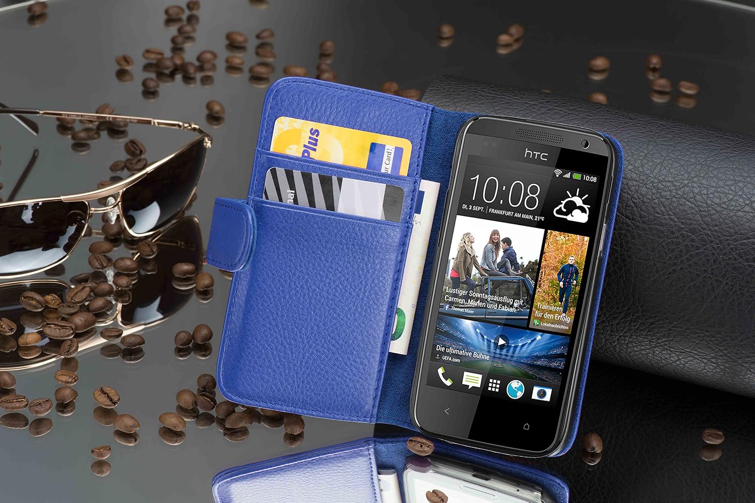 Cadorabo Book Case works with HTC DESIRE 300 in NAVY BLUE - with Stand Function and Card Slot made of Structured Faux Leather - Wallet Etui Cover Pouch PU Leather Flip - Image 4