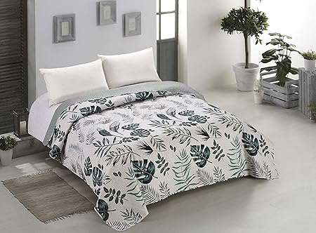 AmeliaHome 00219 Tagesdecke 200x220 cm weiß grün grau Bettüberwurf zweiseitig Steppung pflegeleicht Monstera Blätter Pflanzen