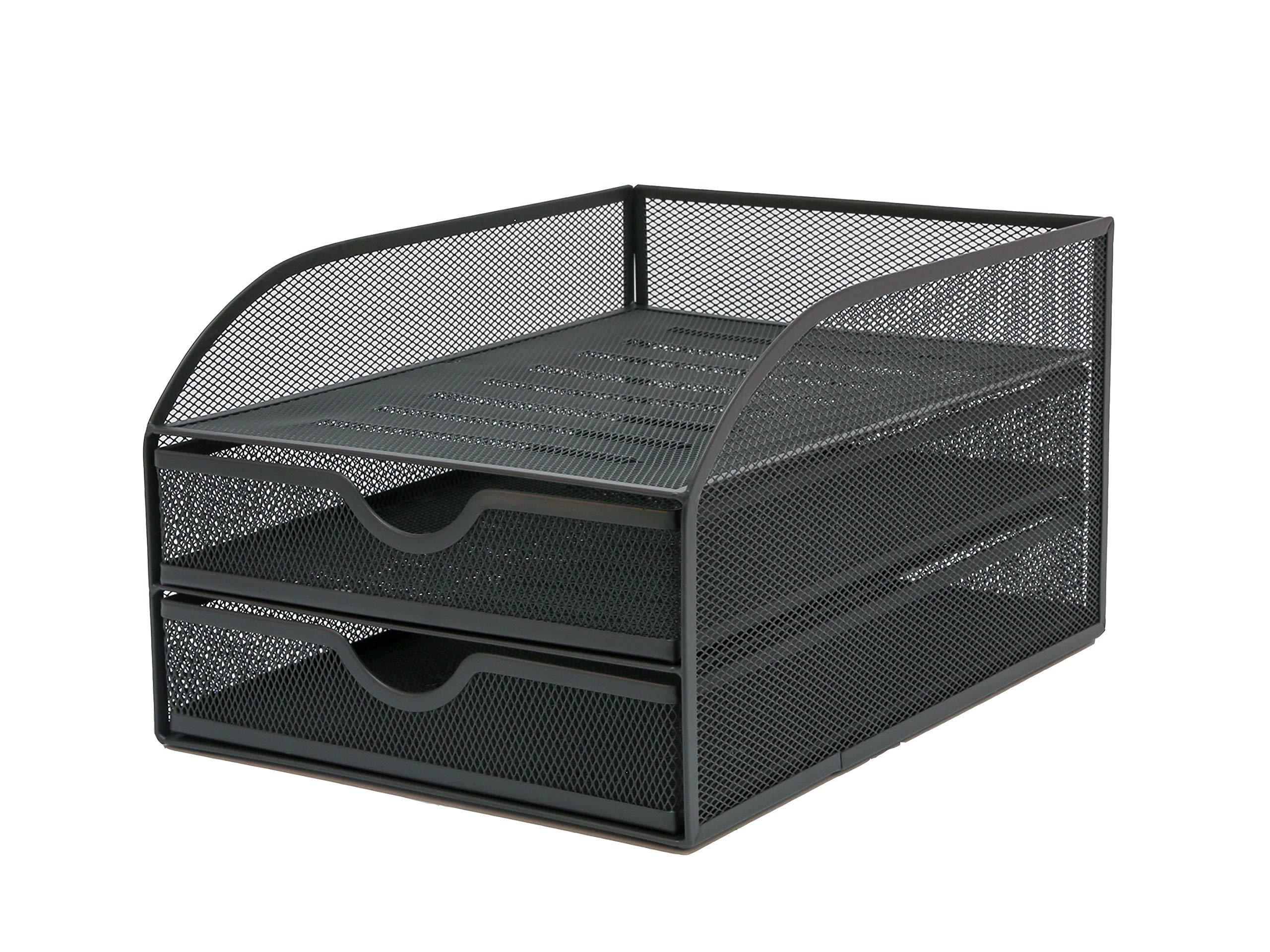 OSCO Wiremesh 2 Drawer A4 Desktop Paper Sorter with Letter Tray, Metal Mesh Document File Holder & Desk Organiser, Home Office Desk Tidy, Compact Document Storage, Graphite (H18.5 × W25 × D34cm)