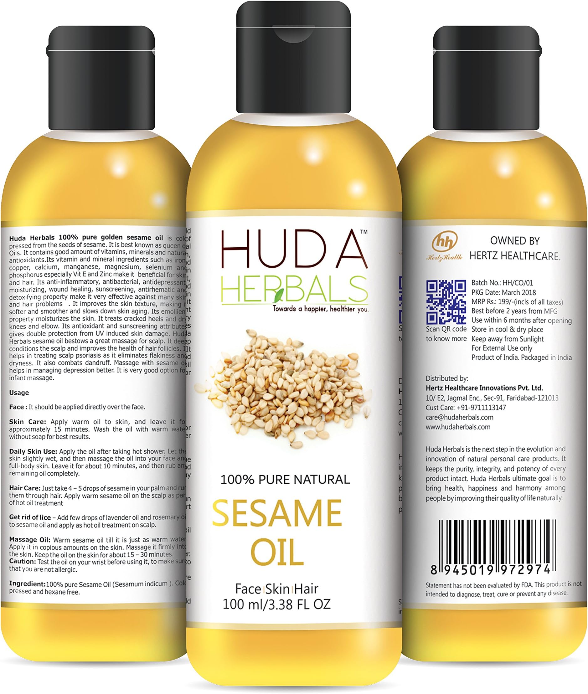 Huda Herbals Organic Sesame Oil, 100% Pure/Undiluted/Cold Pressed.100 ML For Face, Hair and Body