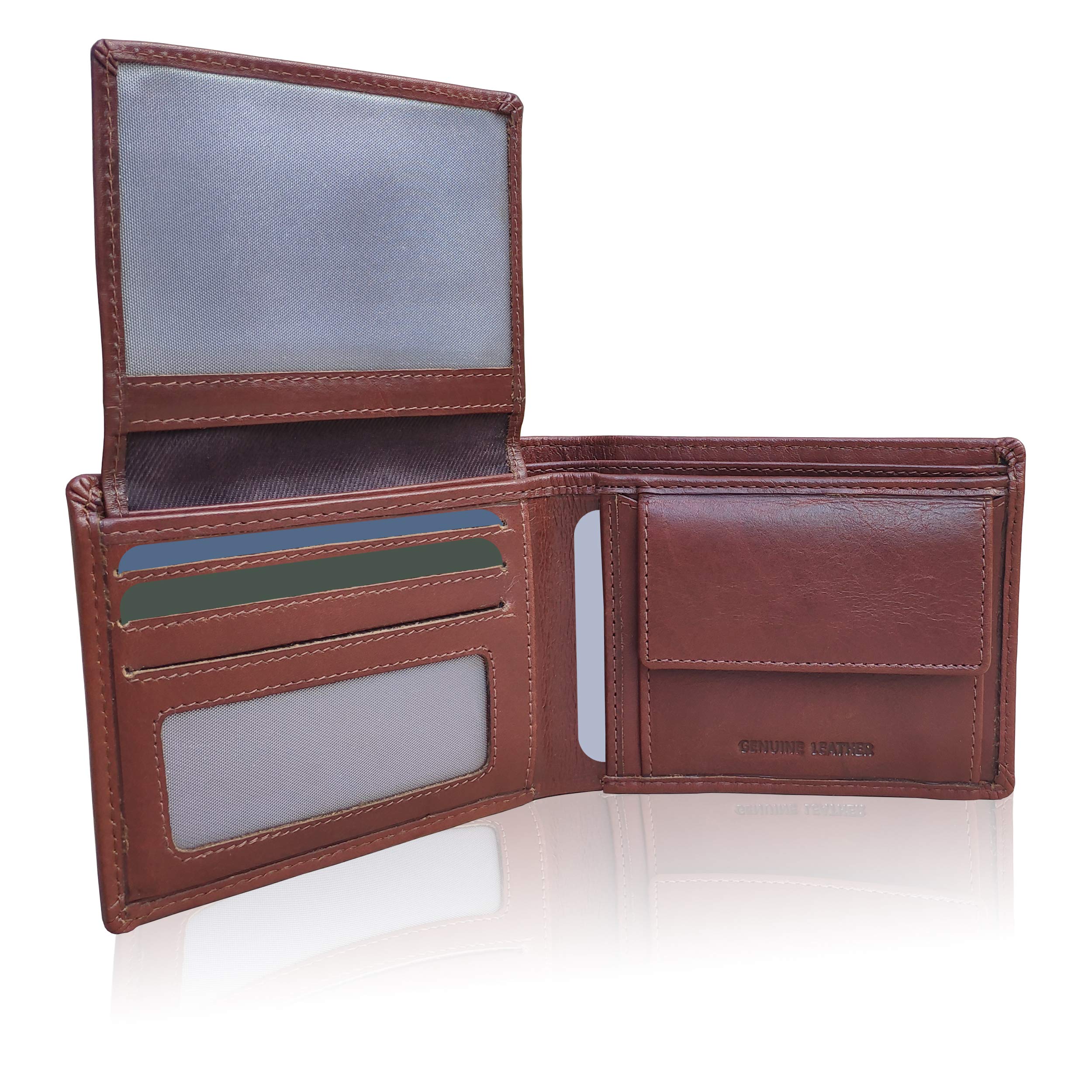 KORUMA Mens Premium Genuine Leather Trifold Wallet Smart Credit Card Blocker and Coin Pocket with RFID – Cognac 3-in-1 Wallet