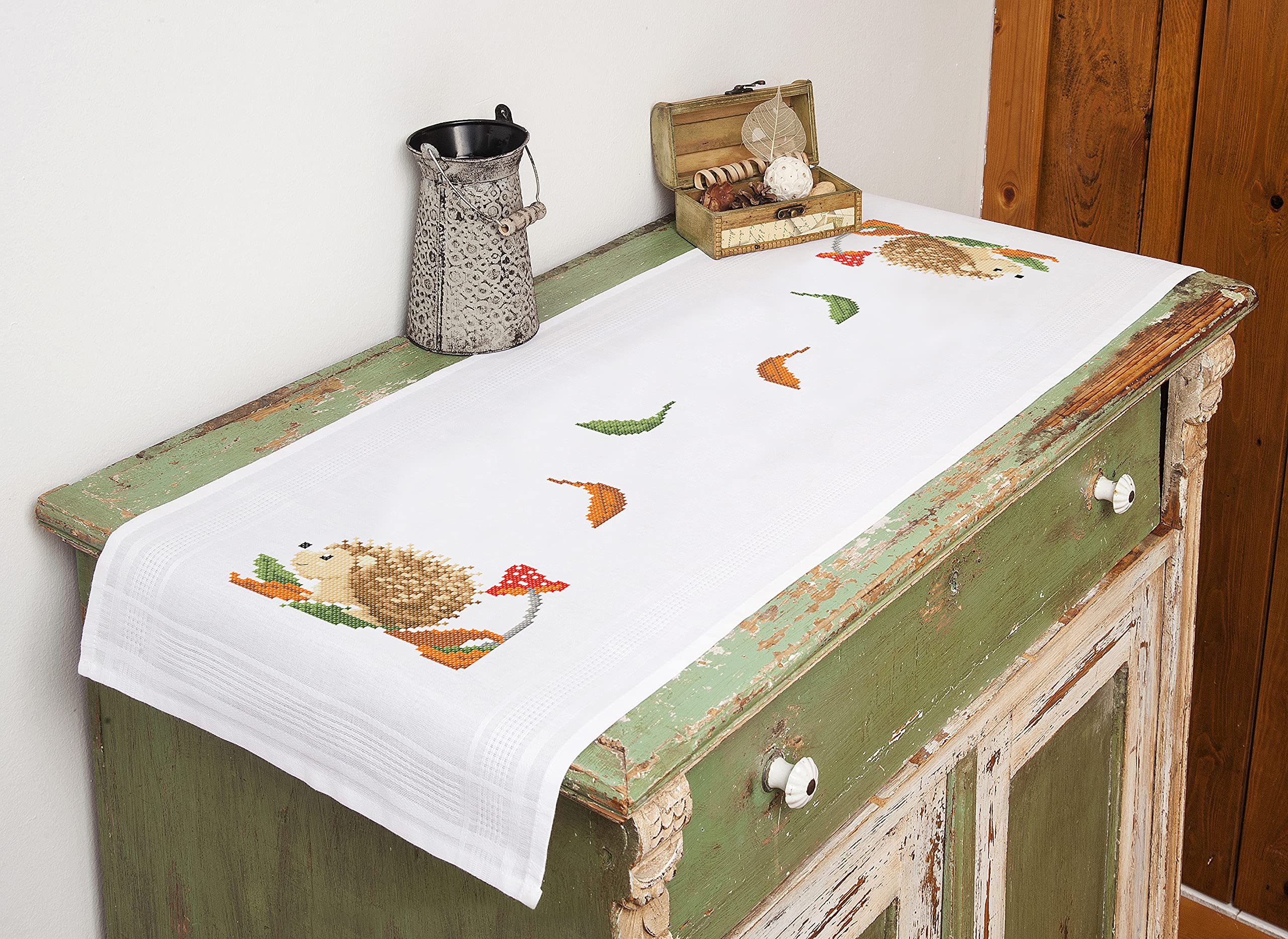 KAMACA Cotton Counted Cross Stitch Kit Hedgehog in The Forest 40 x 100 cm Complete Embroidery Kit with Embroidery Template (Table Runner 40 x 100 cm)