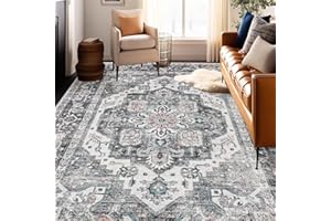 Mcadore Machine Washable Rug 8x10 Vintage Design Washable Boho Area Rugs for Living Room, Bedroom, Kitchen, Soft Non-Slip Indoor Large Rug, Taupe/Multi-Print Design