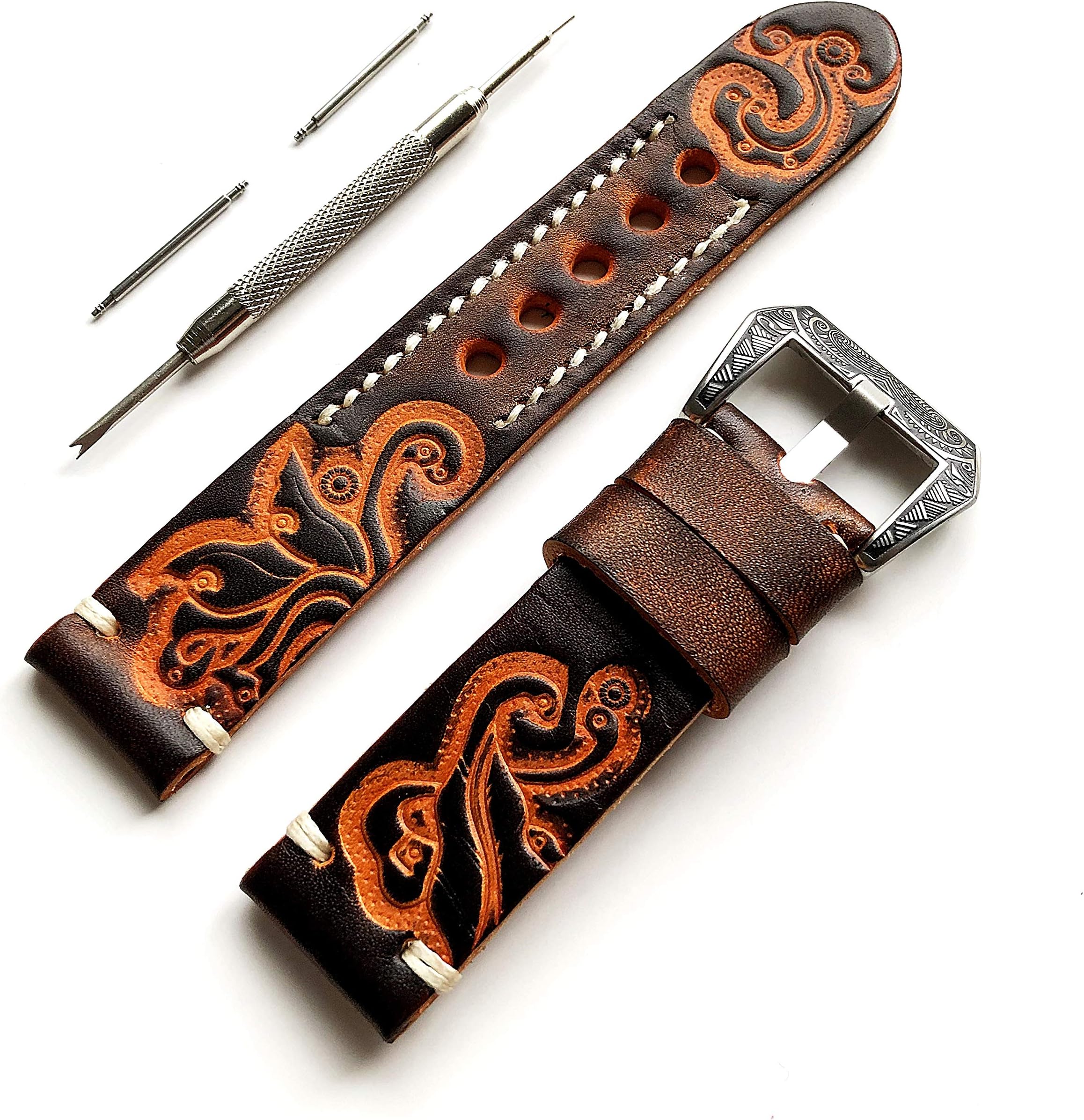 NICKSTON Brown with Orange 22mm Tooled Embossed Genuine Premium Leather Strap Band Bracelet Watch Kit for Sport, Casual and Smart Watches - Pins Engraved Buckle Tool with Gift Box