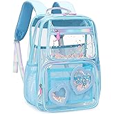 KIDNUO Clear Backpack for Girls,Clear Bookbag Heavy Duty Transparent Backpacks for Stadium Events, See Through Back Pack for Kindergarten Elementary Middle High School (Blue)