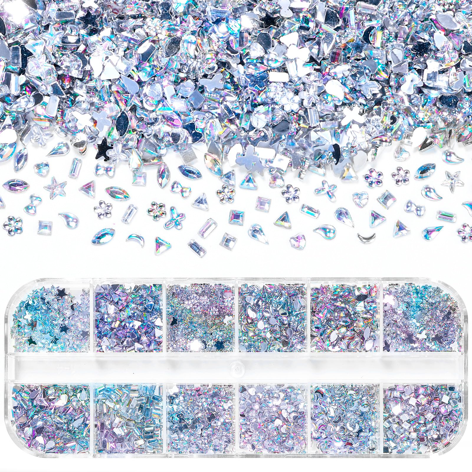 Photo 1 of 2000 Pcs Mini Nail Stones and Gems, Nail Crystal Multi Shape Small Nail Art Gems, Flatback Nail Gems Rhinestones, Heart Star Flower Tiny Diamond Nail Stones for Nail Art Crafts Clothing Makeup