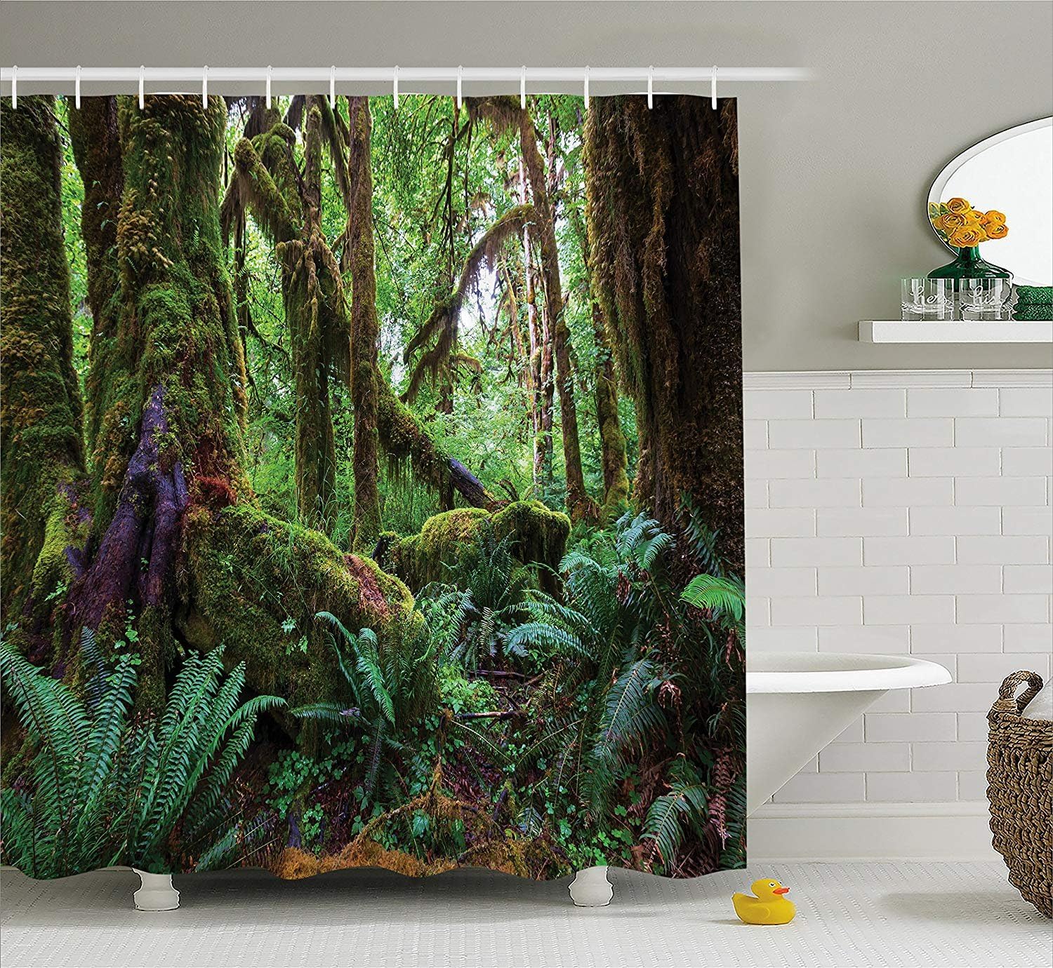 Amazon Com Ambesonne Farmhouse Decor Shower Curtain Monsoon Tropical Jungle With Bushes Ferns Trees Vegetation Wild Land Scene Fabric Bathroom Decor Set With Hooks 84 Long Extra Green Brown Home Kitchen