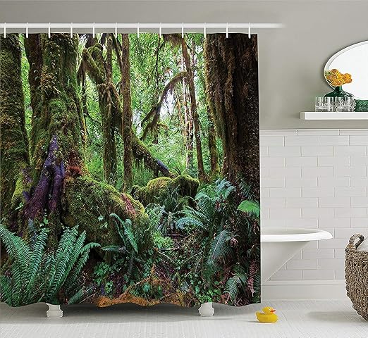Amazon Com Ambesonne Farmhouse Decor Shower Curtain Monsoon Tropical Jungle With Bushes Ferns Trees Vegetation Wild Land Scene Fabric Bathroom Decor Set With Hooks 84 Long Extra Green Brown Home Kitchen
