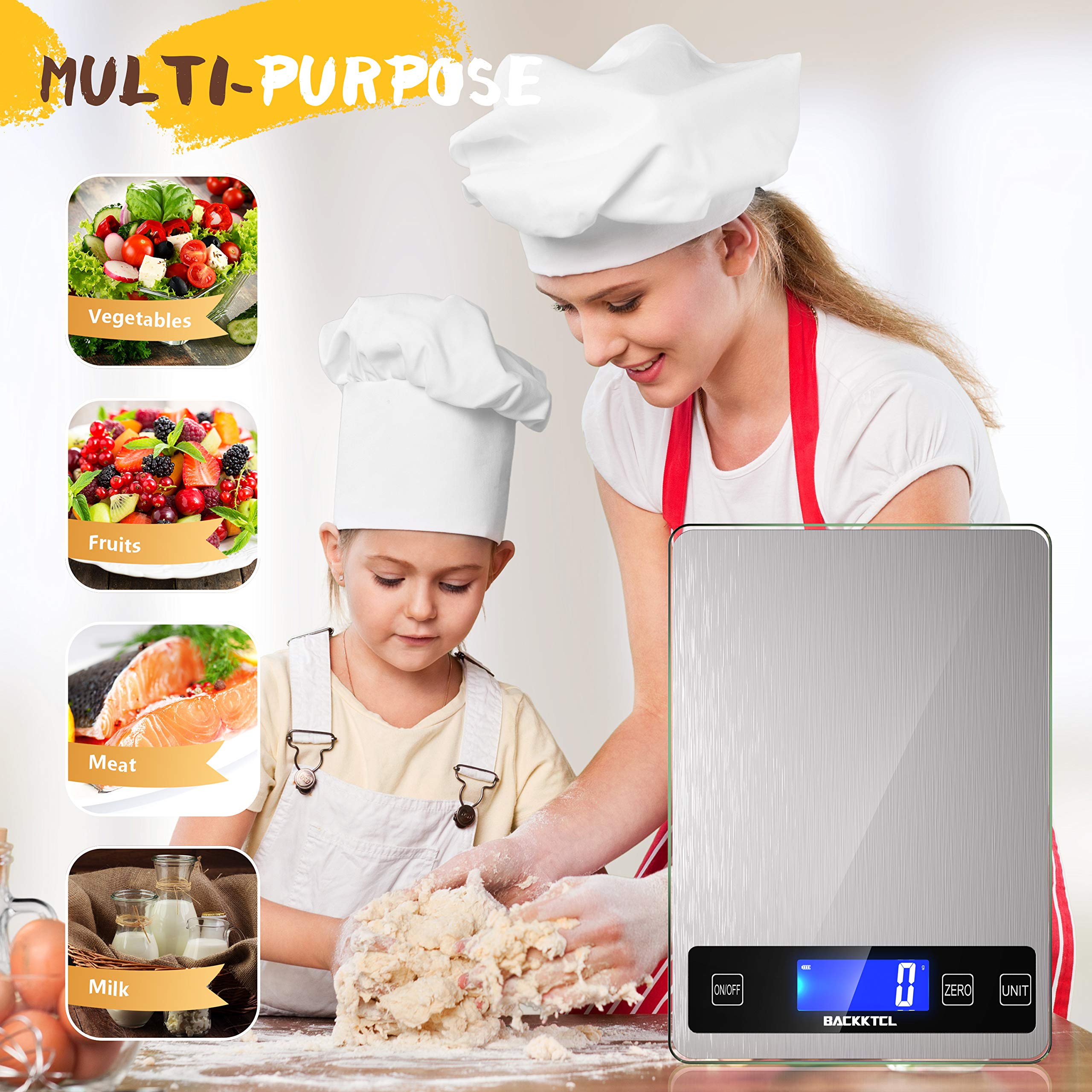 BACK KTCL''Cooking Master' 22lb Digital Kitchen Scale,Food Scale Measures in Grams and Ounces for Weight Cooking Baking,1g/0.1oz Precise Graduation,Stainless Steel and Tempered Glass