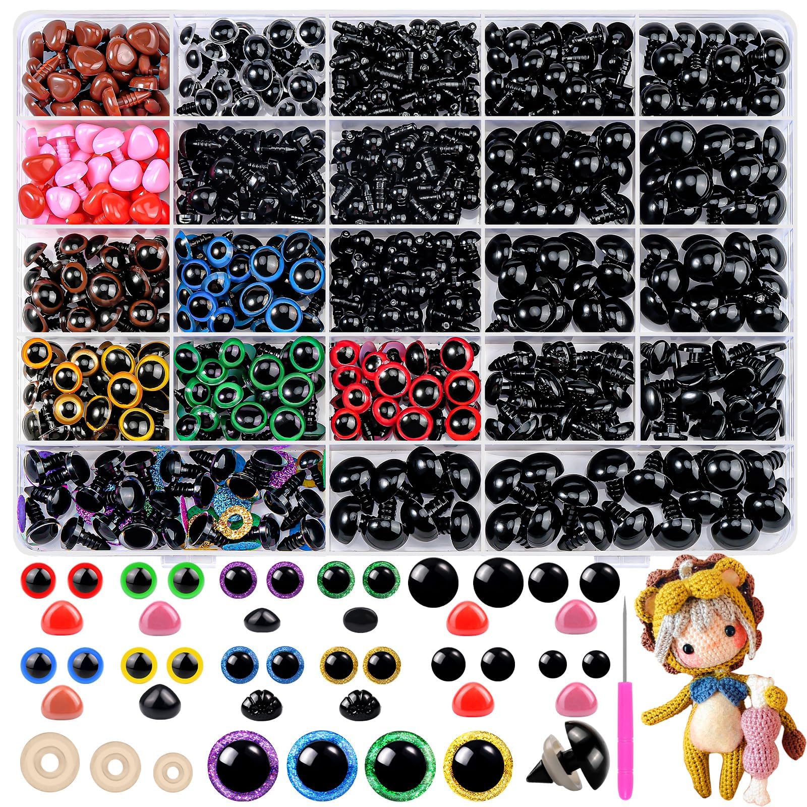 WIURGOHA 1100PCS Safety Eyes and Noses, Amigurumi Safety Eyes for Crocheting, Colorful Doll Crochet Eyes with Washers for Plush Animal, Crochet Toy, Stuffed Doll and Teddy Bear (Various Sizes)