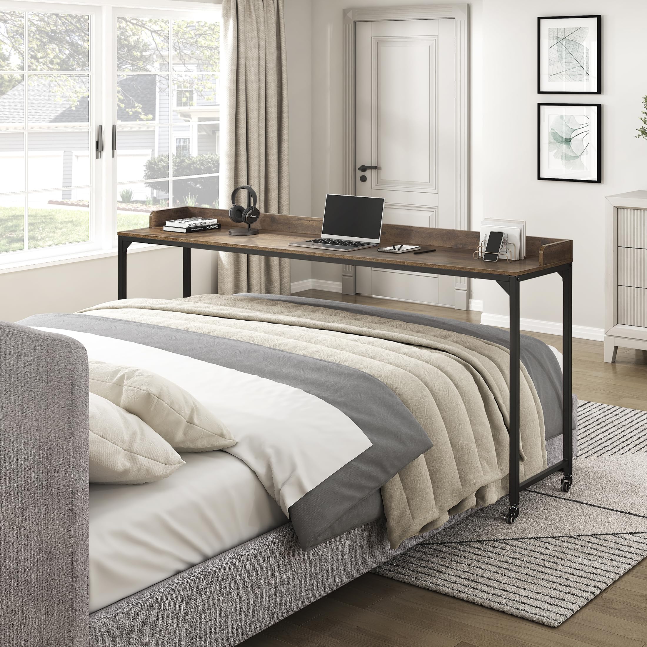 Photo 1 of ****It is used, it is missing parts, it is not known if it works 100%.***Lexicon Overbed Table with Wheels, Mobile Bed Desk with Metal Leg, 72" W Queen Size Rolling Desk Adjustable Height, Standing Workstation Laptop Desk, Portable Desk, Brown