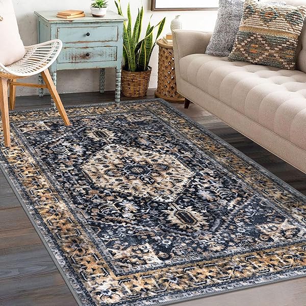 KOZYFLY BOHO AREA RUG 3X5 FT RUGS FOR ENTRYWAY WASHABLE ENTRY RUG NON SLIP DOOR MAT INDOOR ENTRANCE GOLD/ORANGE/NAVY PRINTED FAUX WOOL VINTAGE KITCHEN RUG THROW RUGS FOR ENTRANCE