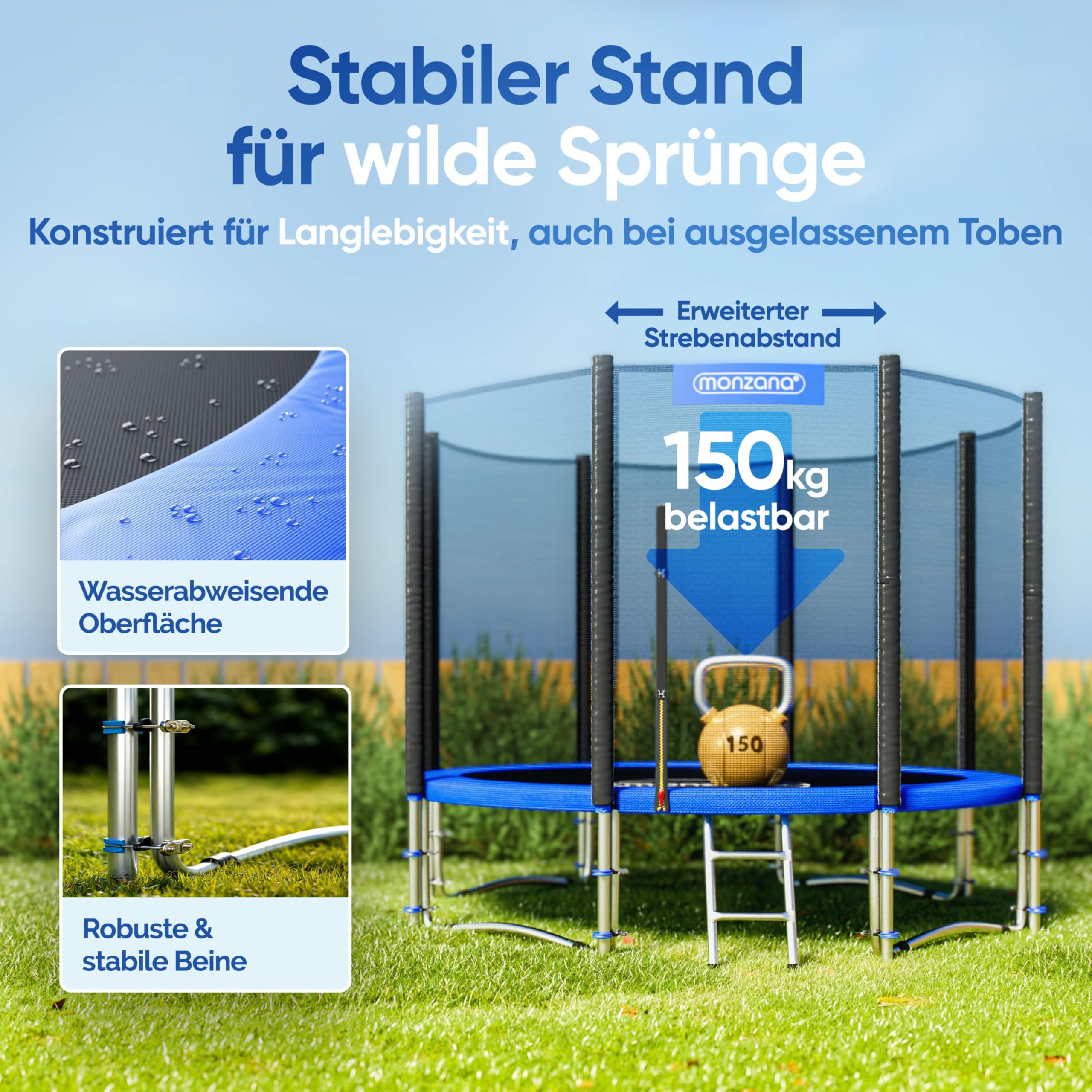 MONZANA® Trampolin Ø 305 cm TÜV SÜD GS Zertifiziert Komplettset mit Sicherheitsnetz, Leiter, Randabdeckung & Zubehör - Kindertrampolin Gartentrampolin 5