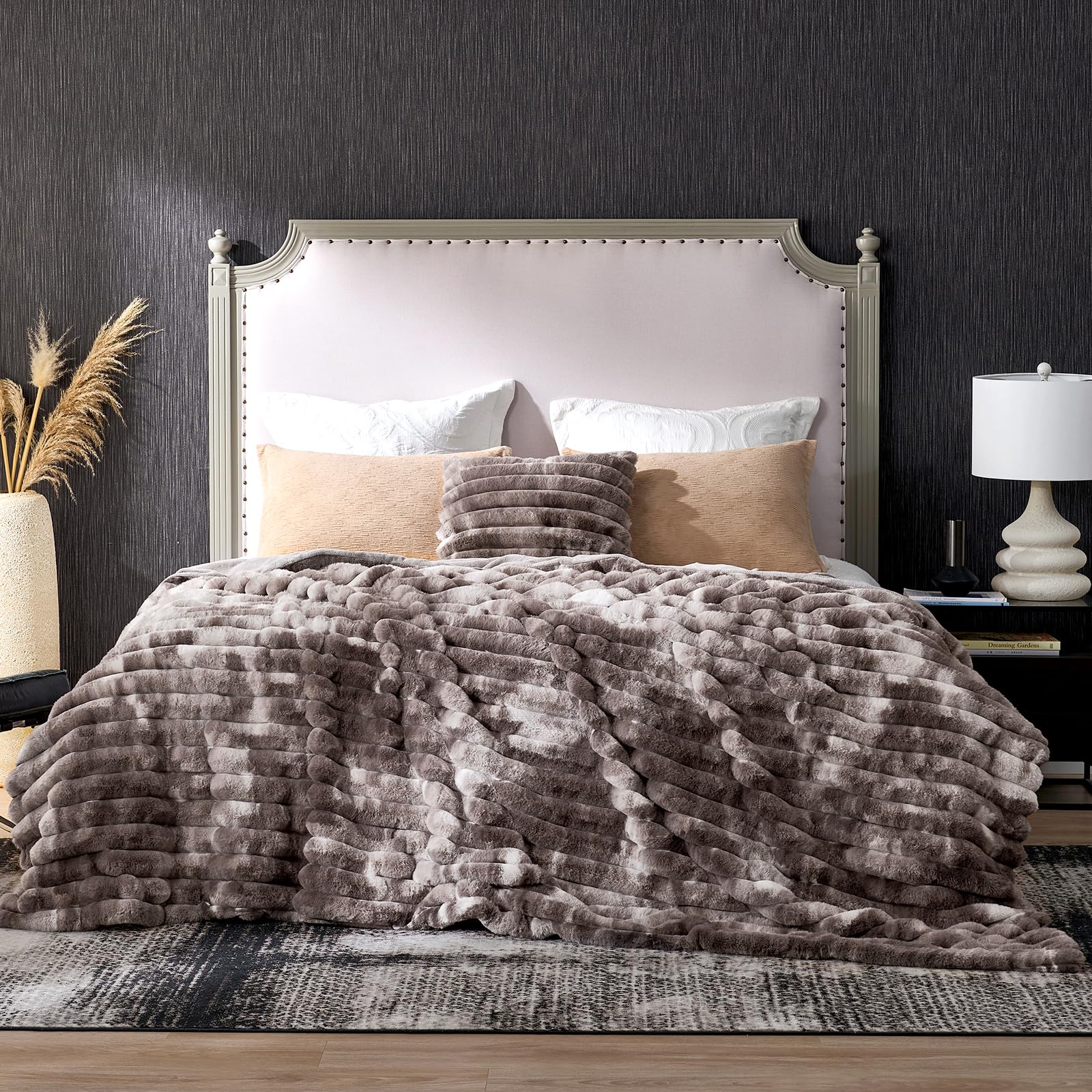 Cozy Bliss Faux Fur Throw Blanket for Couch, Cozy Warm Plush Striped Blanket for Sofa Bedroom Living Room, 108 * 90 Inches Tie-dye Grey Image