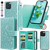 Varikke for iPhone 16 Pro Max Wallet Case Detachable with RFID Blocking Card Holder for Women, Glitter Leather Strap Magnetic Flip Wallet Removable Phone Case for iPhone 16 Pro Max 6.9", Mint Green