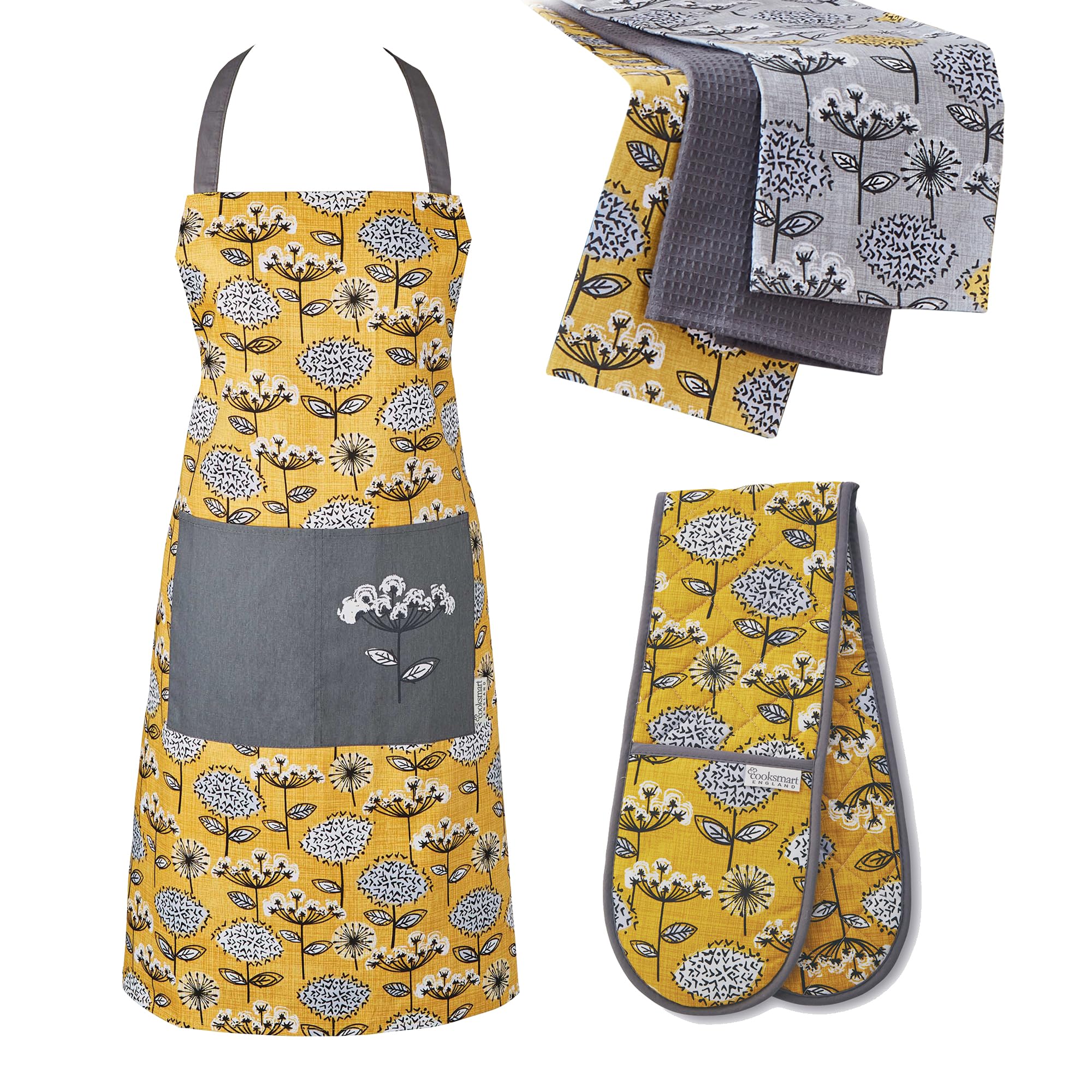 Cooksmart 5 Piece Apron, Double Oven Gloves & Tea Towels Set | Set of Aprons, Tea Towel & Oven Gloves Double Perfect For Any Kitchen | Oven Glove, Kitchen Apron & Tea Towels For Kitchen - Retro Meadow
