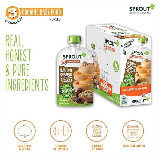 SPROUT ORGANICS BABY FOOD, BUTTERNUT, CHICKPEA, QUINOA & DATE, PLANT POWERED PROTEIN, 4 OZ PUREES (PACK OF 6)