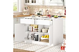 DYNJEST Kitchen Island with Storage, 47.2" Large Faux Marble Countertop Kitchen Island with 2 Drawers and Adjustable Shelves, Coffee Bar Station, Beveled Edge Door Cabinet, Dining Table for 2-4 People, White