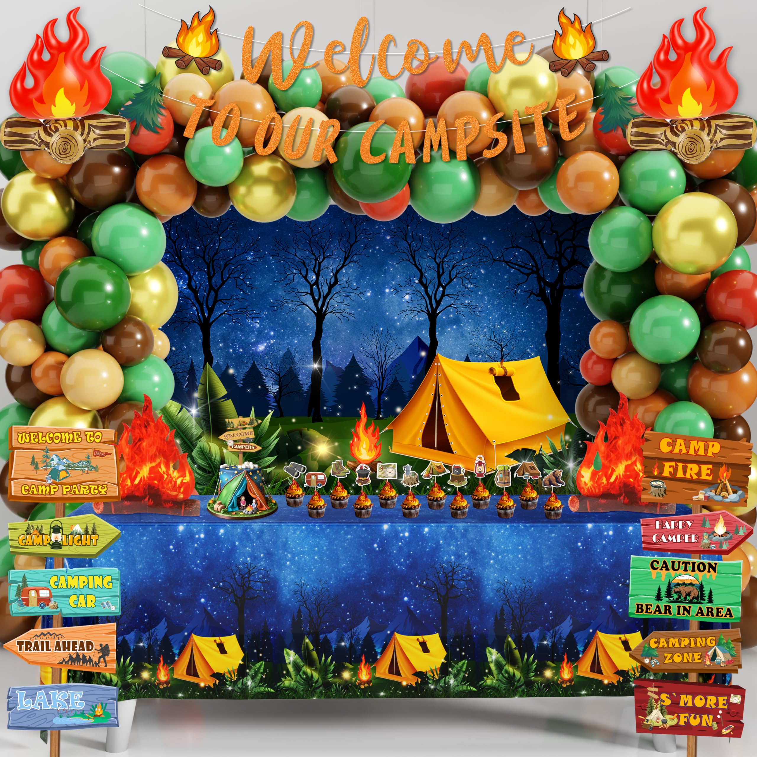 Photo 1 of 105 PCS Camping Birthday Party Decorations Kit with 3D Campfire & Forest Backdrop - Reusable Camp Theme Decor for Baby Showers, Outdoor Adventures & Celebrations