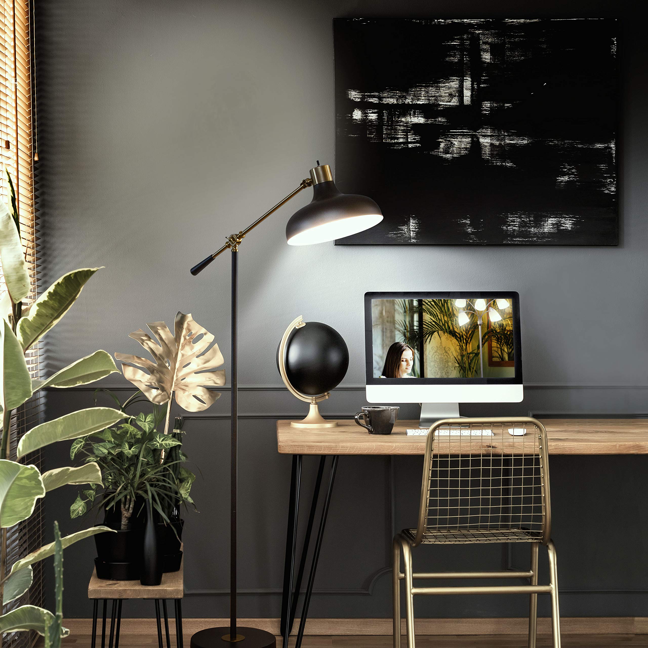 Brightech Wyatt 60 in. Classic Black Industrial 1-Light Height Adjustable LED Floor Lamp with Black Metal Bowl Shade FL-WYT-BLK