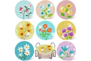 DOTZSO 8 Pcs Diamond Art Coasters Kit with Holder, Diamond Art Kits for Adults Beginners Small Diamond Painting Coasters, Arts and Crafts for Adults Supplies Item Sets (Flower)
