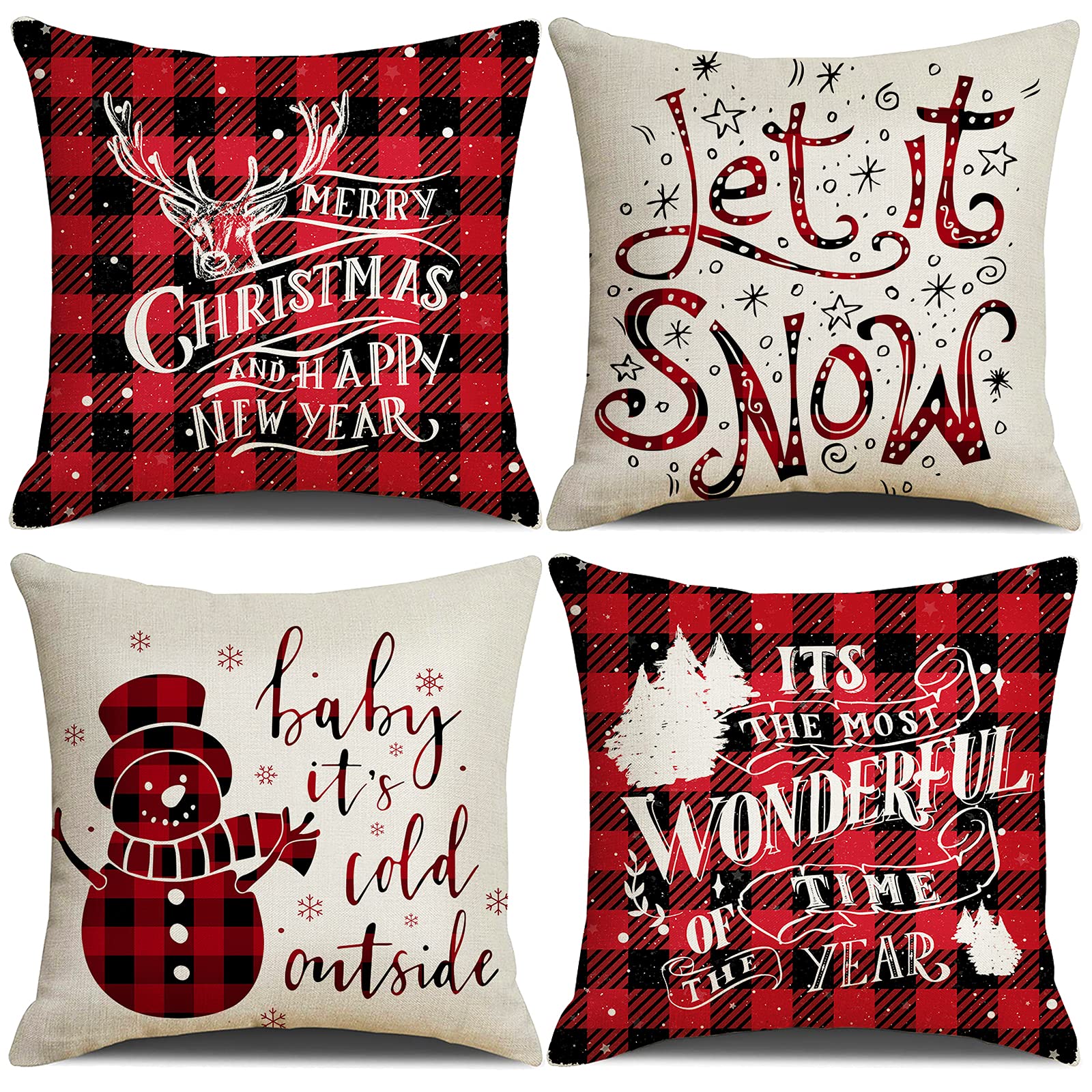 Bigqin 4 Set Throw Pillow Cushion Cover 45 * 45cm, Christmas Pillow Case New Year Square Cushion Protector Invisible Zipper for Sofa Bedroom Living Room Home Decoration,Red Beige, 18"