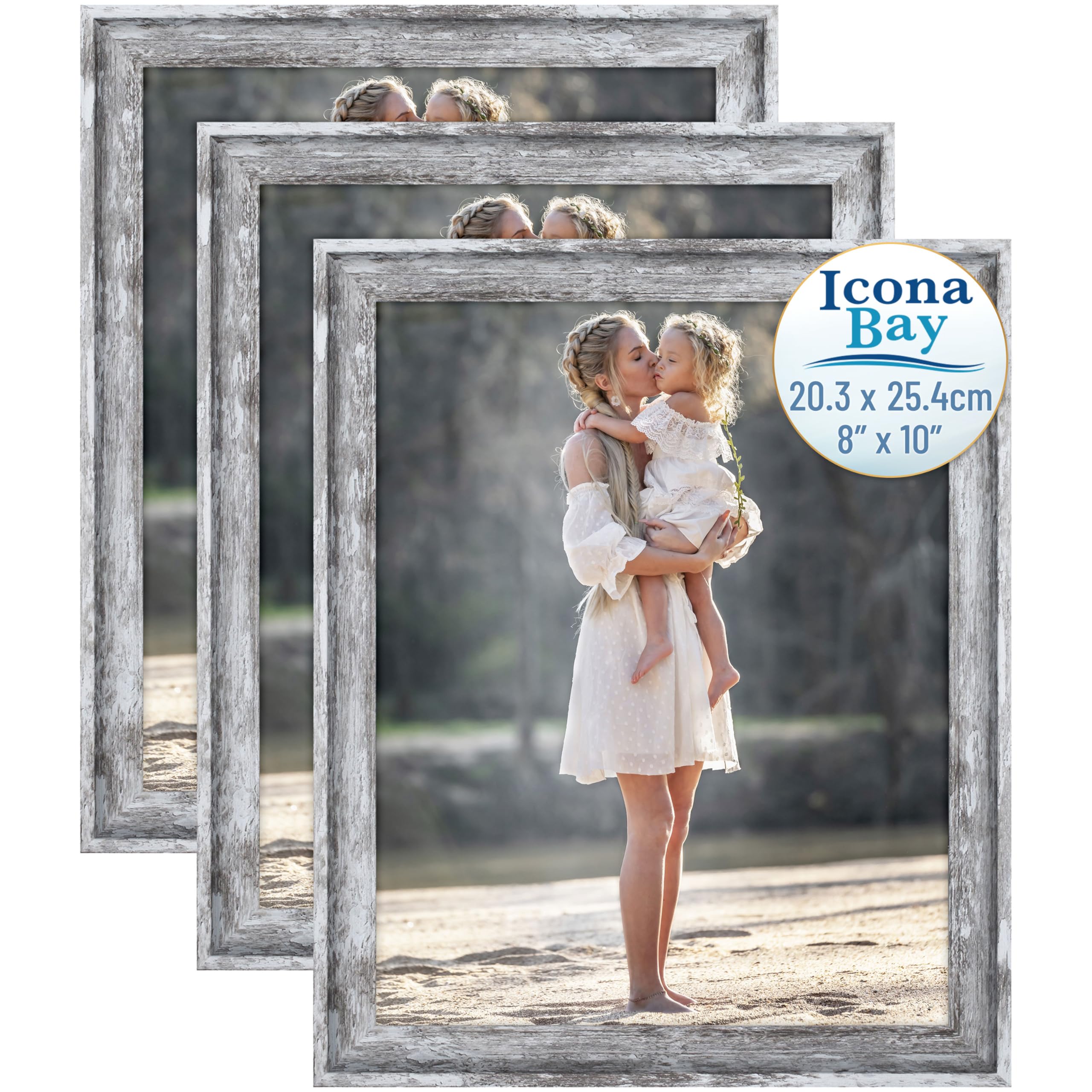 Icona Bay - 10x8 Picture Frames - Azure Grey, 3 Pack - Cape Cod Style 10 x 8 Photo Frames - Table Top or Wall Mount - Bayou Collection