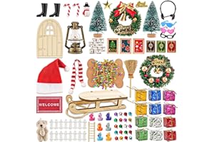 WEHOO 77Pcs Mini Christmas Figurines Decoration Xmas Tree Miniature Accessories String Fake Light Door Hat Doll House 1:12 Model Pretend Toys DIY Party Wreath Snowman Garden Gift Box Hide Resin Santa Claus