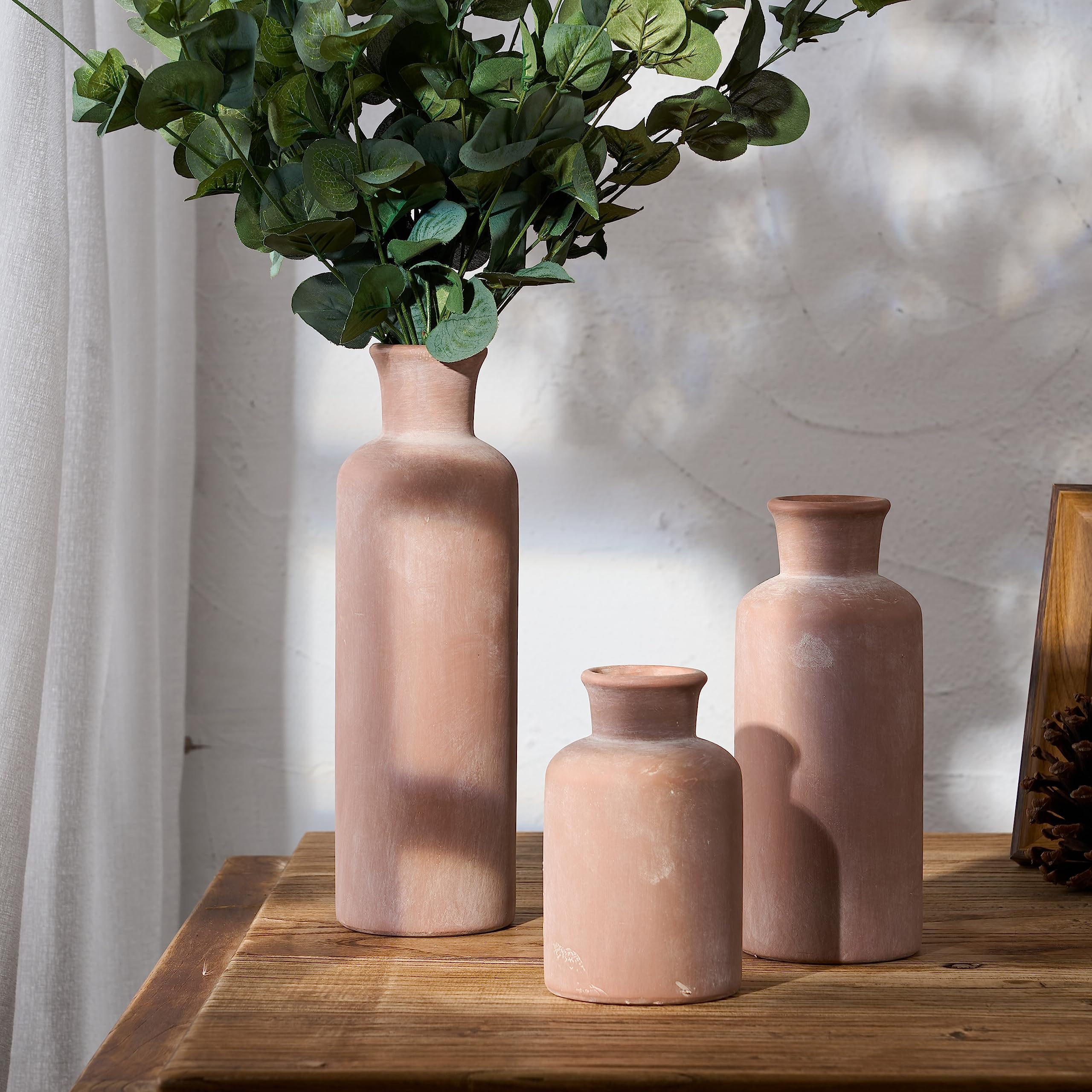 LUKA Ceramic Rustic Farmhouse Vase,Terracotta Vases for Decor,Vase Set of 3,Vase for Your Bedroom,Office,Living Room,Fireplace,Bookshelf Decor,Housewarming 10+7.5+5 Inch - Image 4