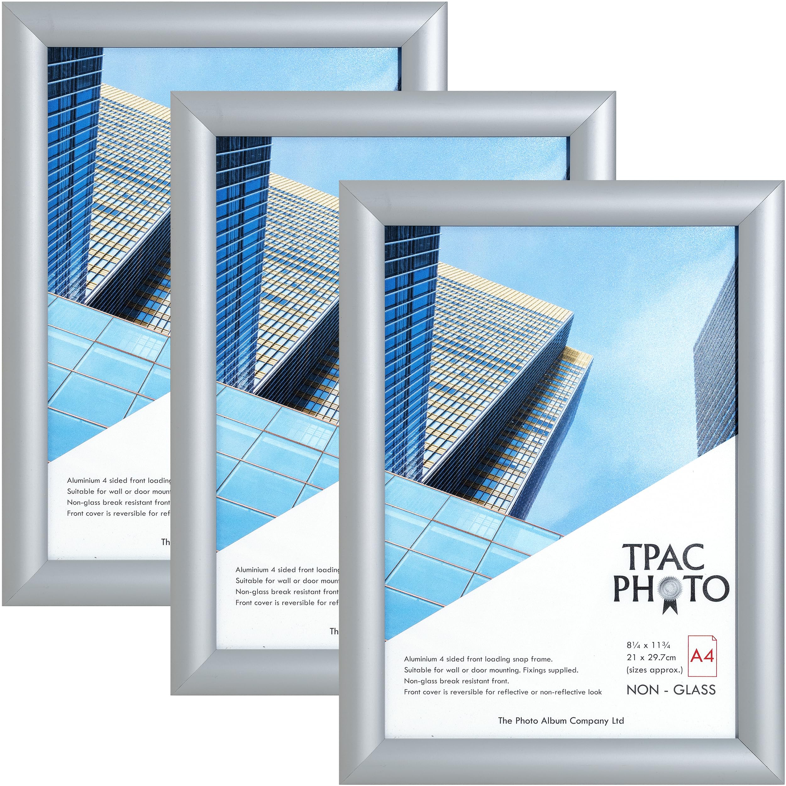 The Photo Album Company Limited | SNAP A4 Frame Pack of 3, 21x30cm, Silver, Acrylic Front | Easy Wall Mount, Non-Glass, Lightweight | Display Posters, Certificates, Photos