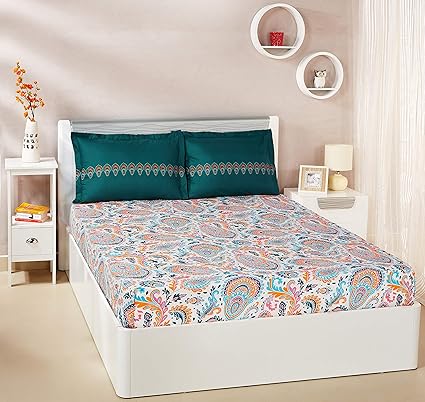 Amazon Brand - Solimo Paisley Preen 144 TC 100% Cotton Double Bedsheet with 2 Pillow