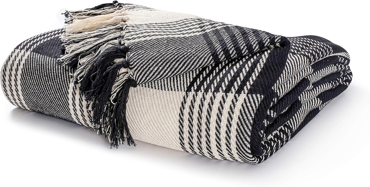 EHC Premium Reversible 100% Cotton Large 150 x 200 cm Tartan Throws for Sofa Armchair Bedspread, Black, Black / Natural