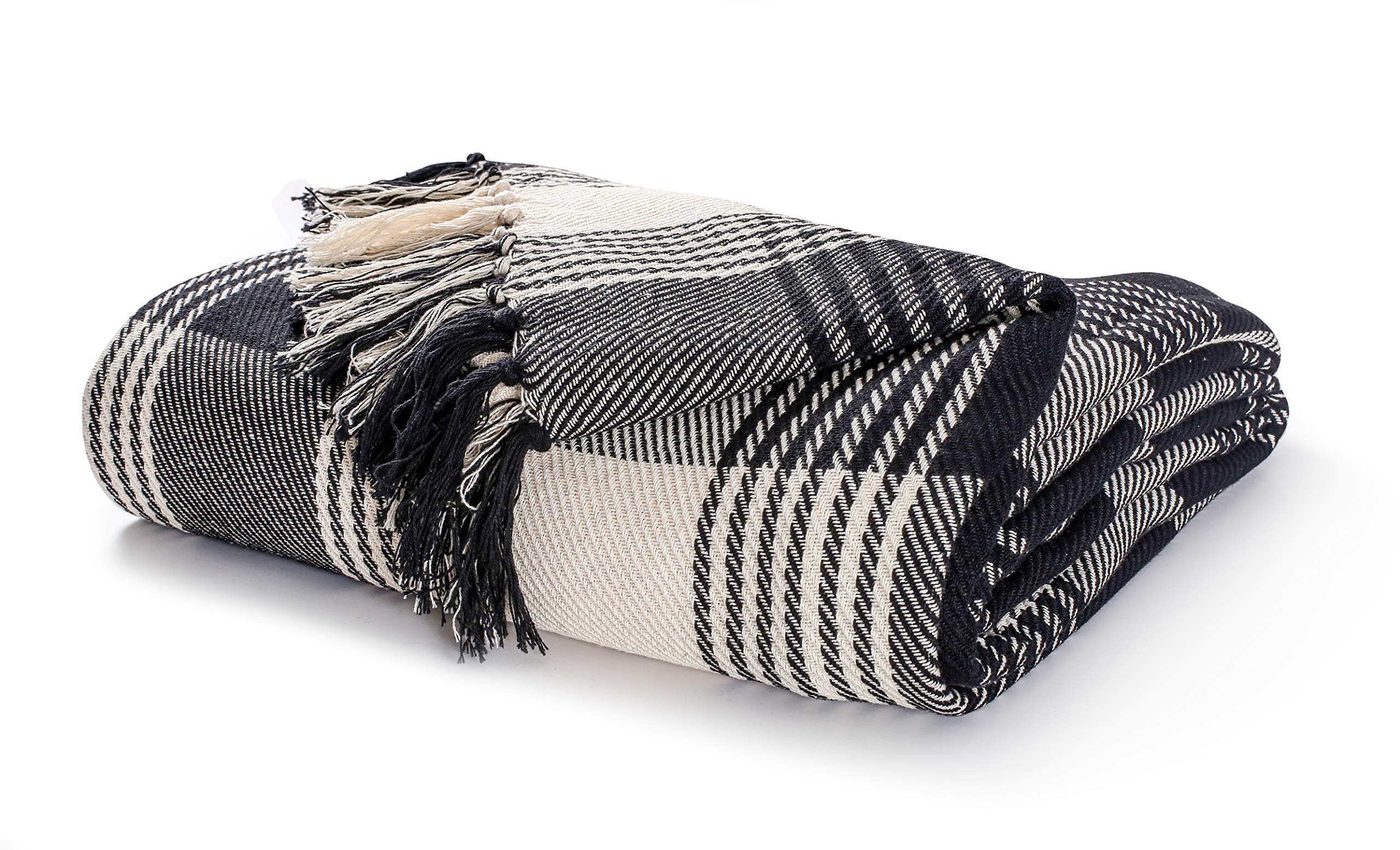 EHC Premium Reversible 100% Cotton Large 225 x 250 cm Tartan Throws for Sofa, Bedspread, Black