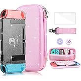 FANPL Nintendo Switch Accessories - Pink Rainbow Sparkle Carrying Case with Hard Clear Glitter Protective Case, Screen Protector, 2 Thumb Grips, Shoulder Strap