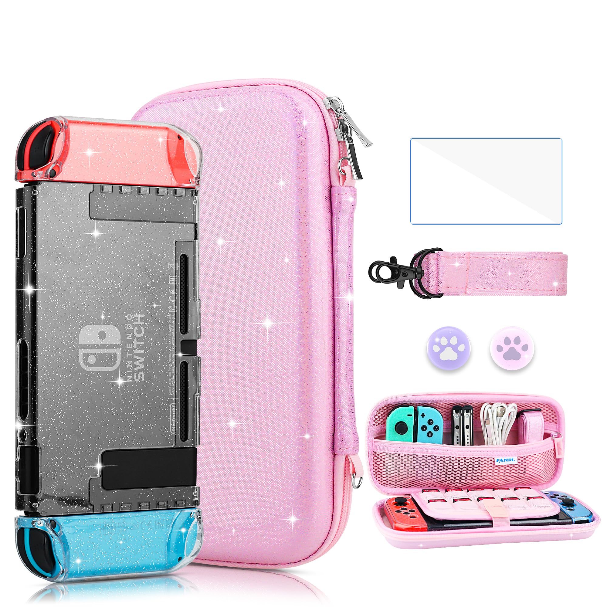 FANPL Nintendo Switch Accessories - Pink Rainbow Sparkle Carrying Case with Hard Clear Glitter Protective Case, Screen Protector, 2 Thumb Grips, Shoulder Strap