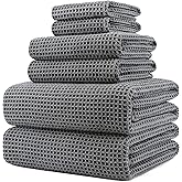 POLYTE 430 GSM Microfiber Quick Dry Lint Free Oversize Bath Towel Set, 6 Piece (Waffle Weave)