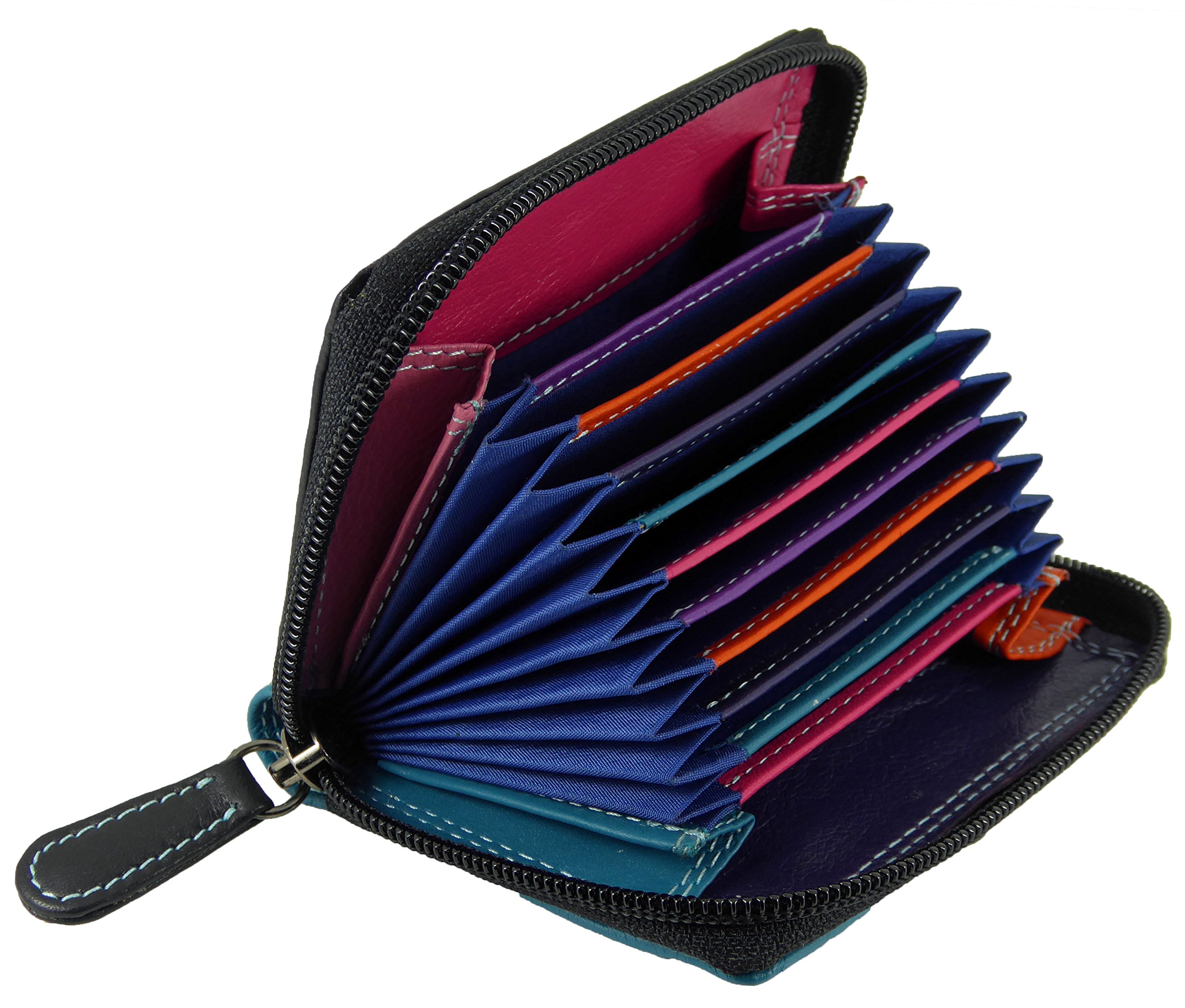 Hide and Sleek Ladies Multicoloured Leather Concertina Card Holder RFID-Protection (Black Multi)