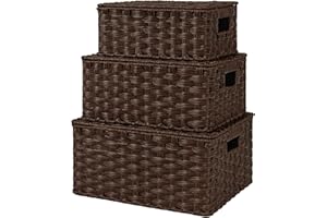 GRANNY SAYS Wicker Storage Baskets for Shelves, Set of 3 Decorative Storage Boxes with Lids, Brown Woven Basket with Lid, Wic