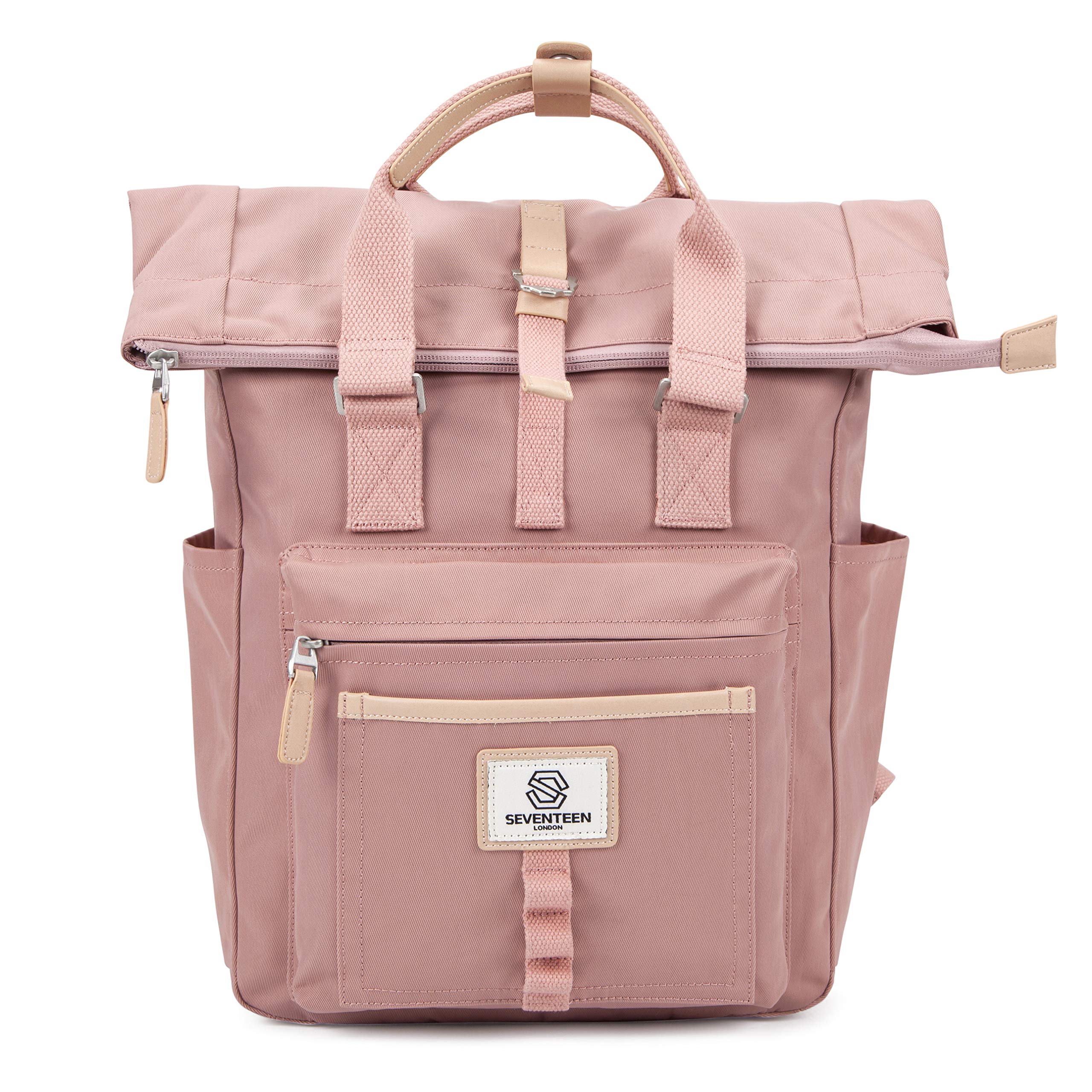 SEVENTEEN LONDON – Modern Canary Wharf folding cycling backpack in a classic and slim urban design – fits laptops up to 15 inches, Pink, L
