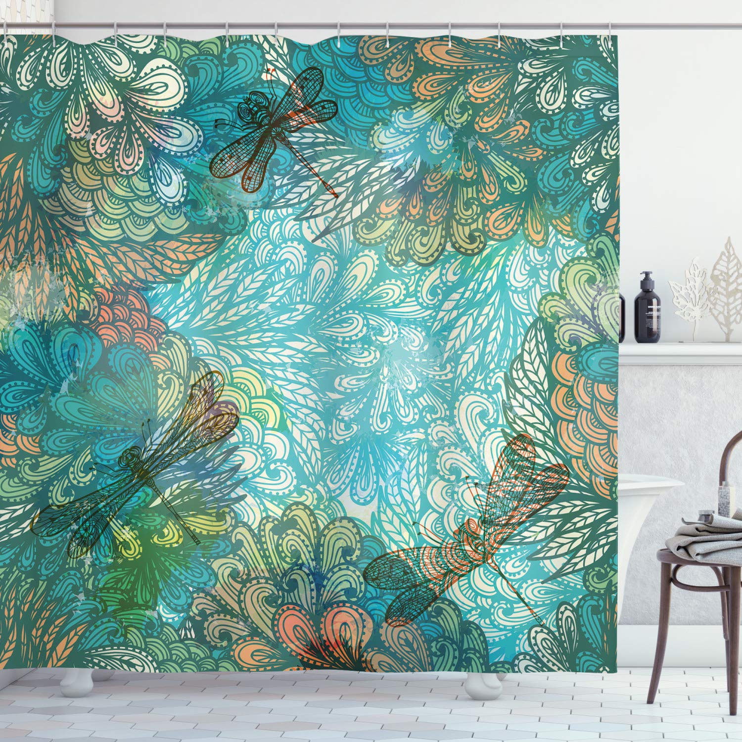 ABAKUHAUS Dragonfly Shower Curtain, Fantasy Flowers Mixed in Various Tones Shabby Form Feminine Beauty Print, Cloth Fabric Bathroom Decor Set with Hooks, 94 Inches, Turquoise Amber