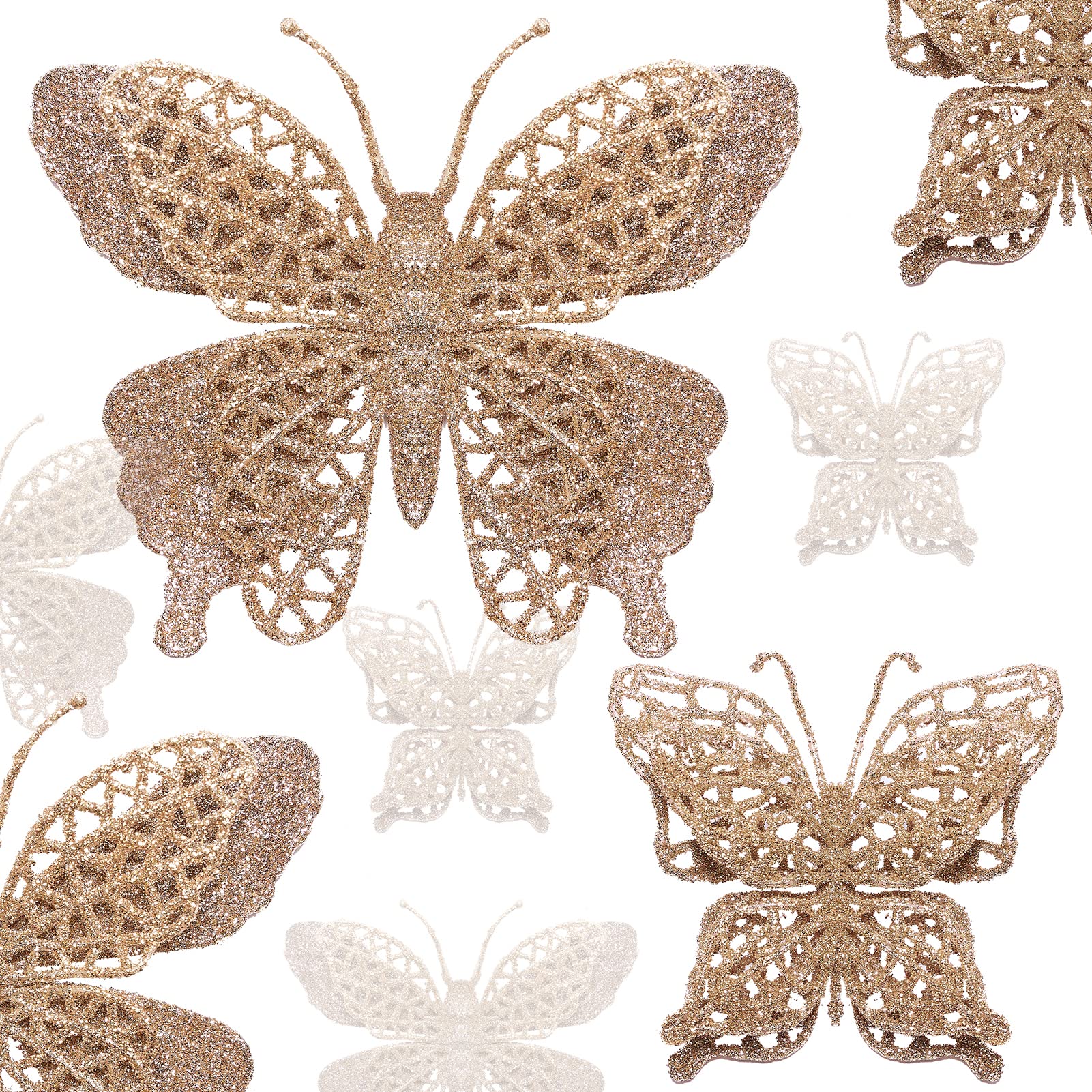 Photo 1 of 16 PCS Glitter Christmas Tree Butterfly Ornaments - 2 Styles Hollow Decorations With Clips, Artificial Ornaments for Christmas Tree, Holiday Crafts - Champagne