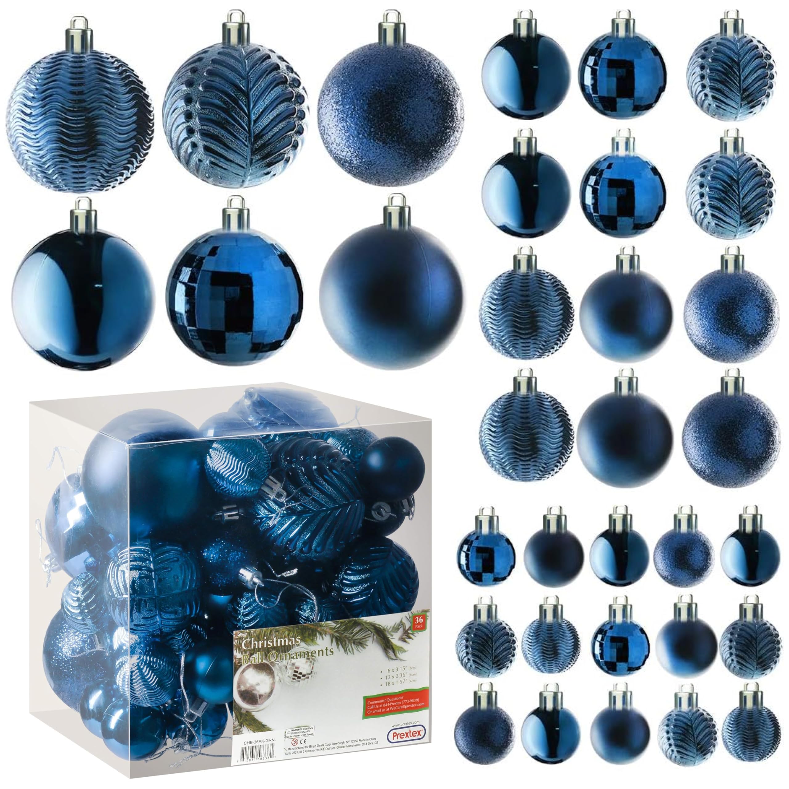 Prextex Midnight Blue Christmas Ornaments Balls- 36-Piece Shatterproof Christmas Balls Set - Elegant Blue Christmas Tree Baubles in Matte, Glitter, and Shiny Finishes - Navy Blue Decorations, 3 Sizes