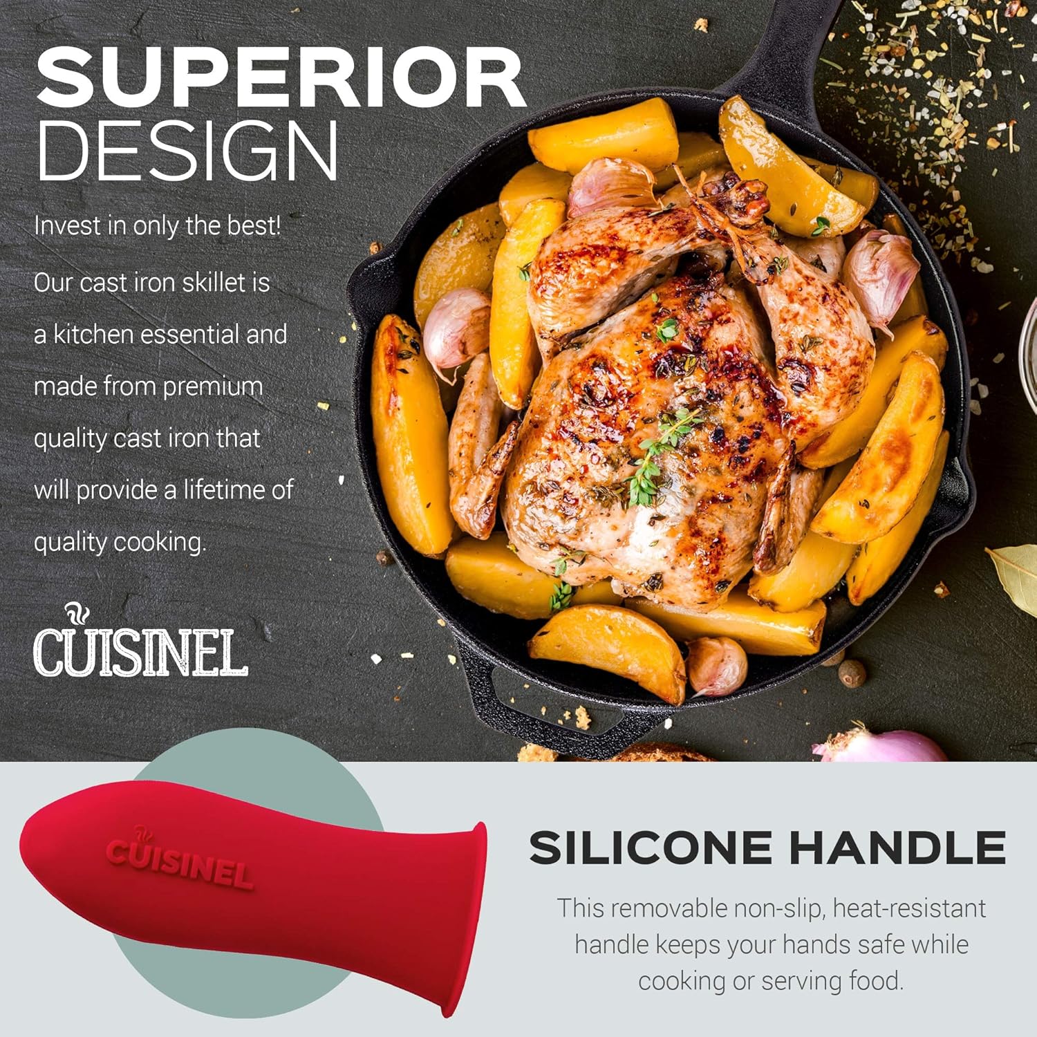 Pre-Seasoned Cast Iron Skillet (12-Inch) with Handle Cover Oven Safe Cookware - Heat-Resistant Holder - Indoor and Outdoor Use - Grill, Stovetop, Induction Safe: Kitchen & Dining