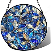 JOSUMALY Stained Glass Window Hanging - Blue Gold Abstract Flowers Suncatcher for Door Terrace Garden Home Decor, Plant Sun Catcher Birthday Gifts for Lovers Women Men Dad Mom Nana 9.8 in