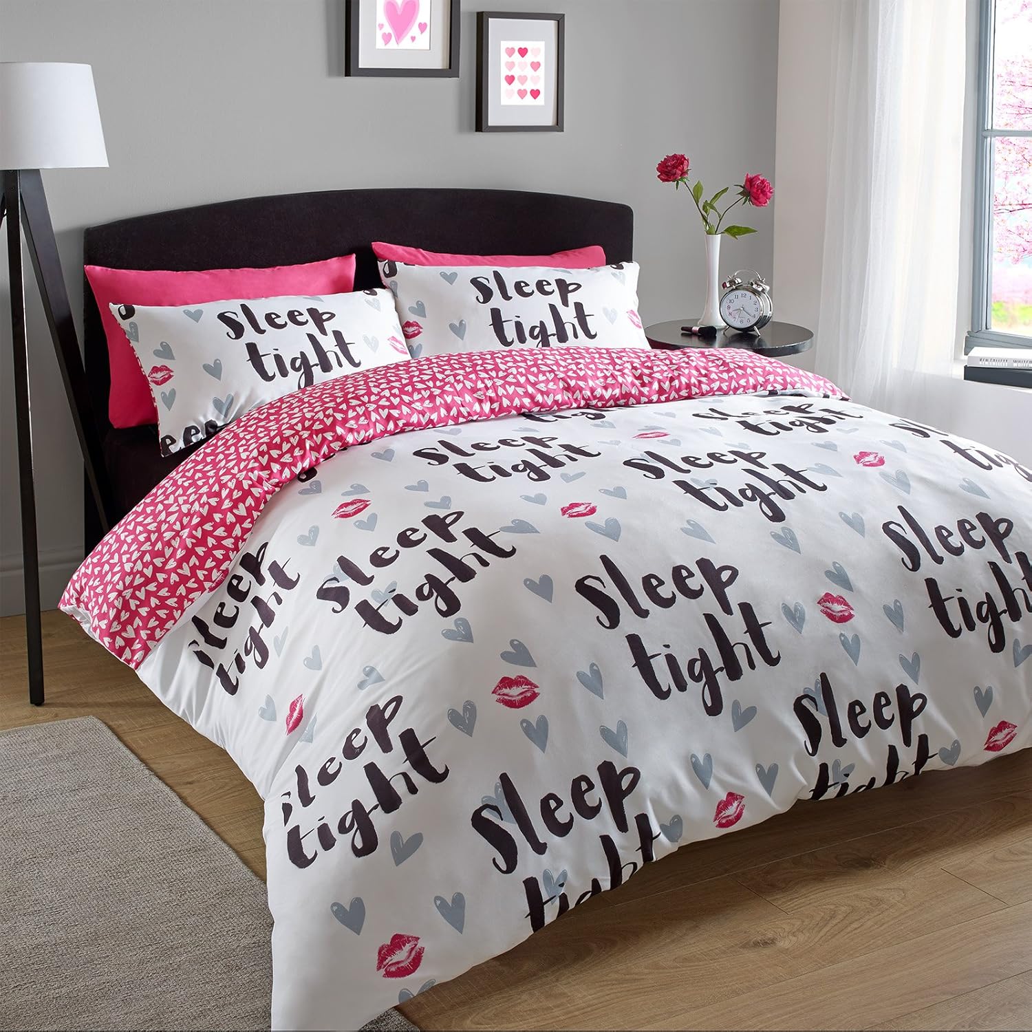 Dreamscene Duvet Cover with Pillowcase Bedding Set Sleep Tight Pink