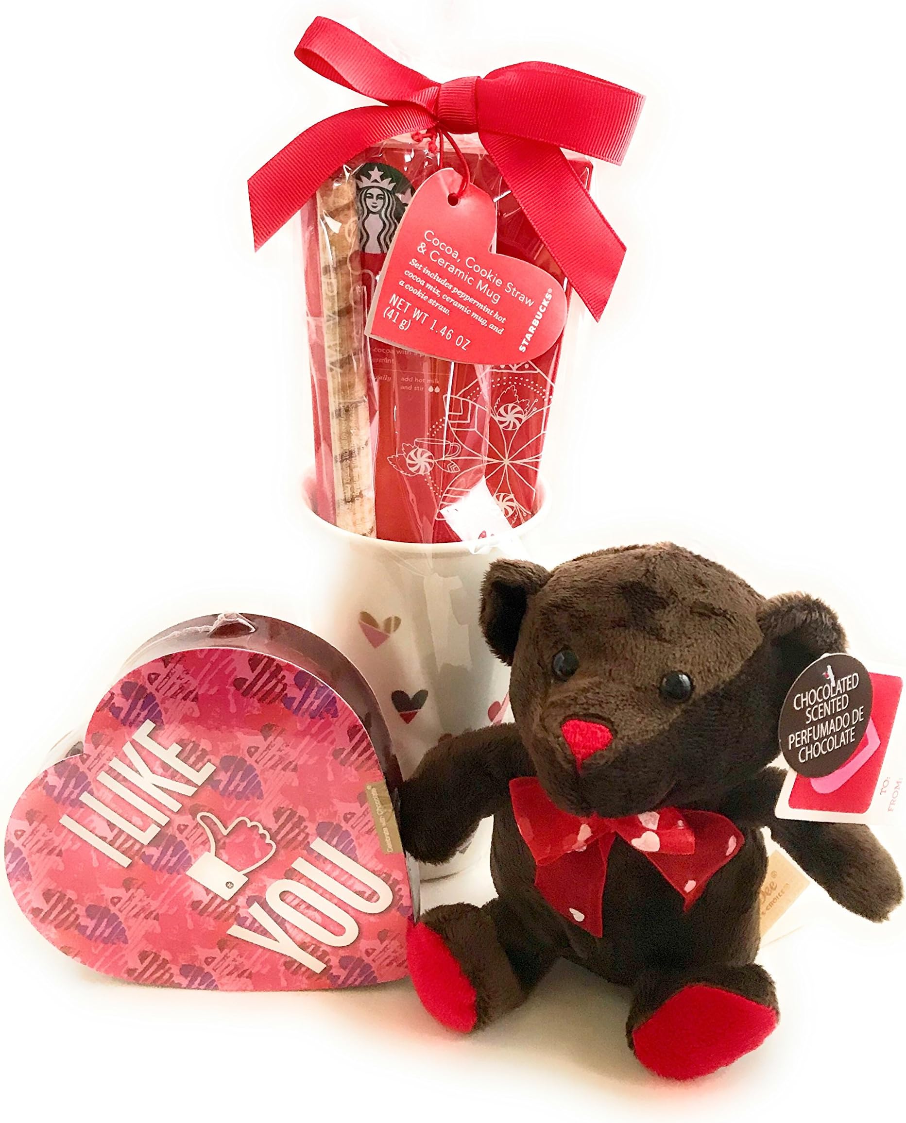 Starbucks Valentine Gift Set Peppermint Hot Cocoa, Cookie Straw with 16oz Ceramic Mug 6 in Bear and Box of Chocolates