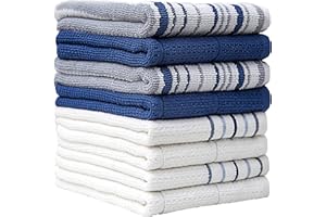 BUMBLE TOWELS Pack of 8 Premium Kitchen Towels Set - Striped Waffle Yarn Dyed Kitchen Hand Towels - Large, 420 GSM, Ultra Absorbent - Dish Towels for Drying Dishes - Cotton Tea Towels - Kitchen Hand Towels - Blue