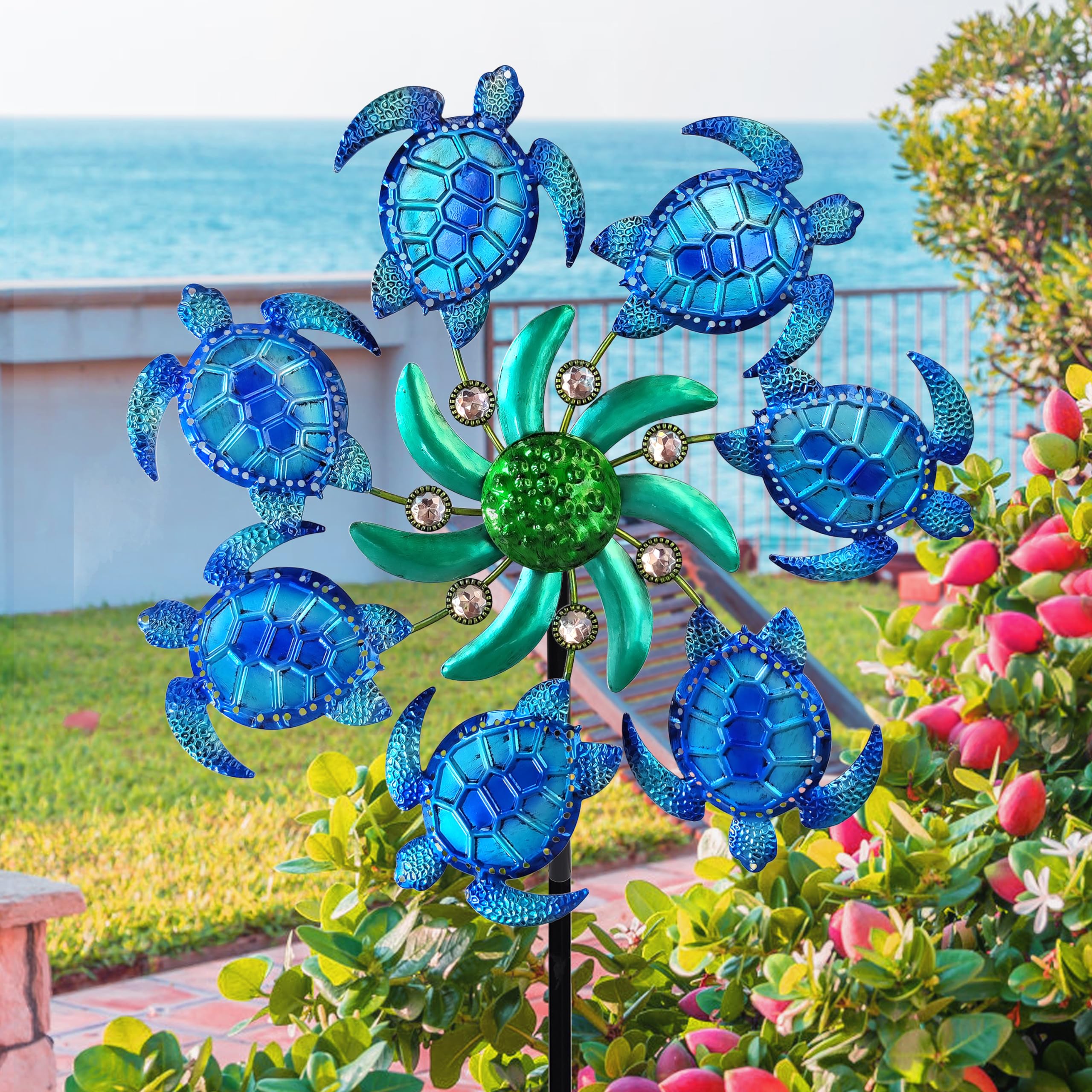COOZZYHOUR 39" Sea Turtle Wind Spinners Metal Garden Stake-Outdoor Ocean Theme Wind Spinners -Wind Sculpture Yard Art Decorations for Patio,Lawn & Garden Decor-Blue